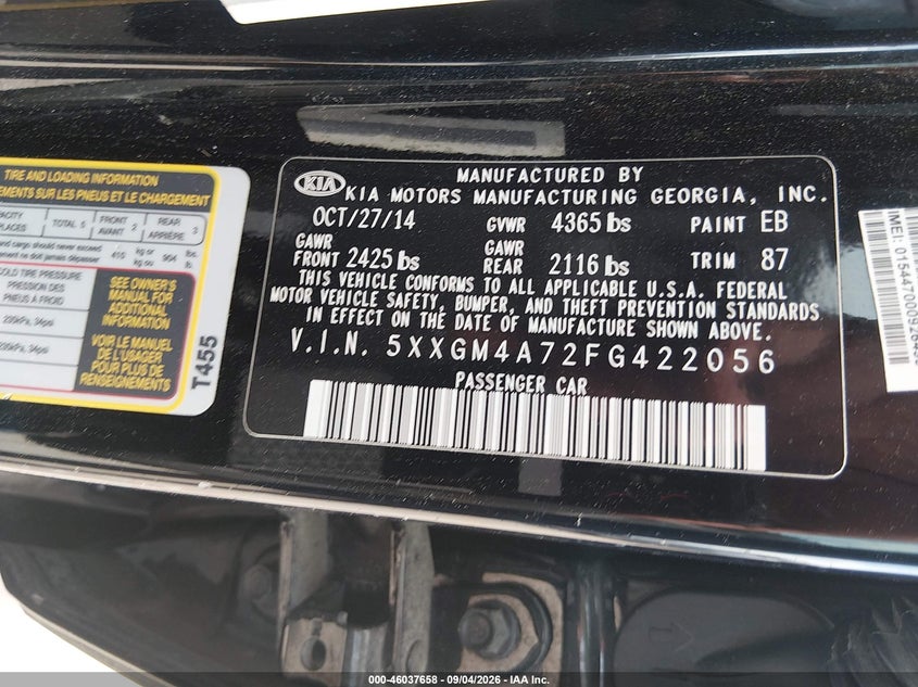 KIA OPTIMA 2015 VIN 5XXGM4A72FG422056