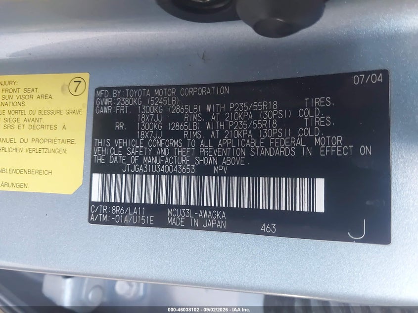 LEXUS RX 330 2004 VIN JTJGA31U340043653