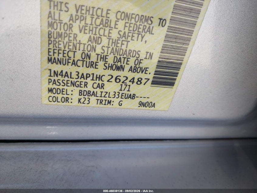 2017 NISSAN ALTIMA SEDAN 2.5L I-4 DOHC, VVT, REGULAR , 179HP