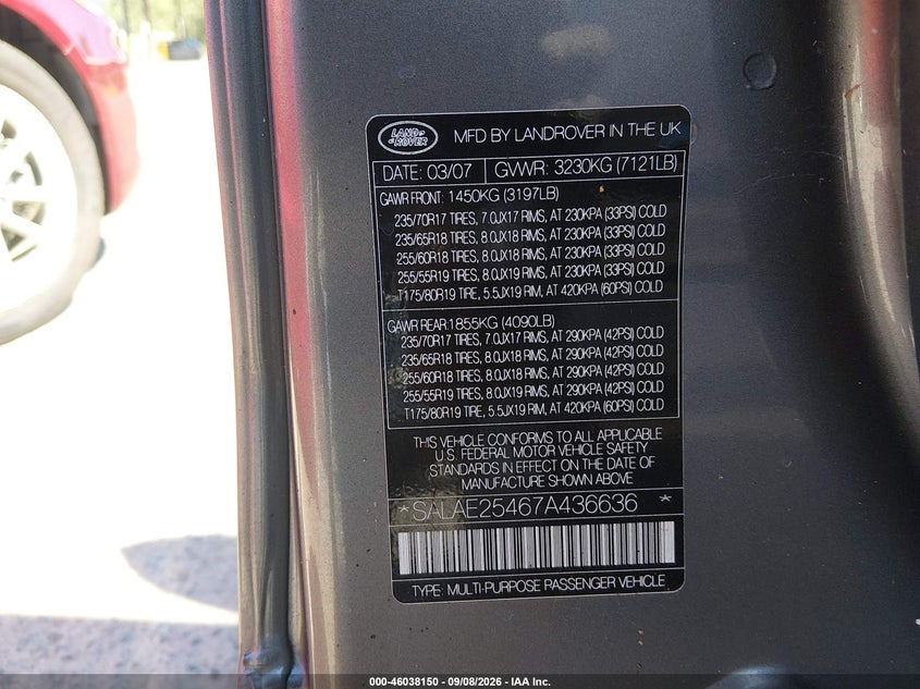 LAND-ROVER LR3 2007 VIN SALAE25467A436636