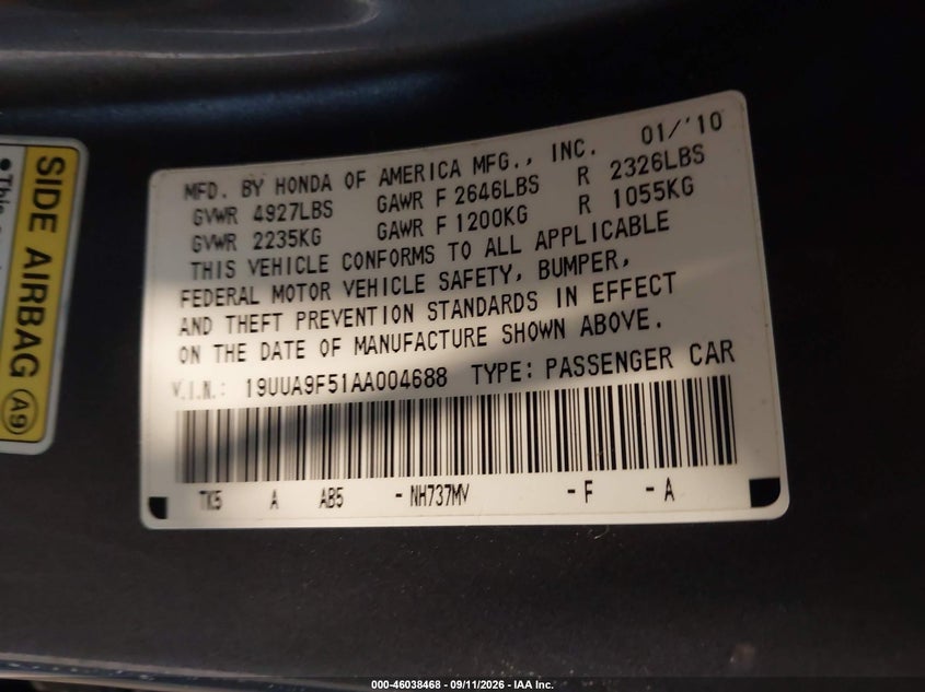 ACURA TL 2010 VIN 19UUA9F51AA004688