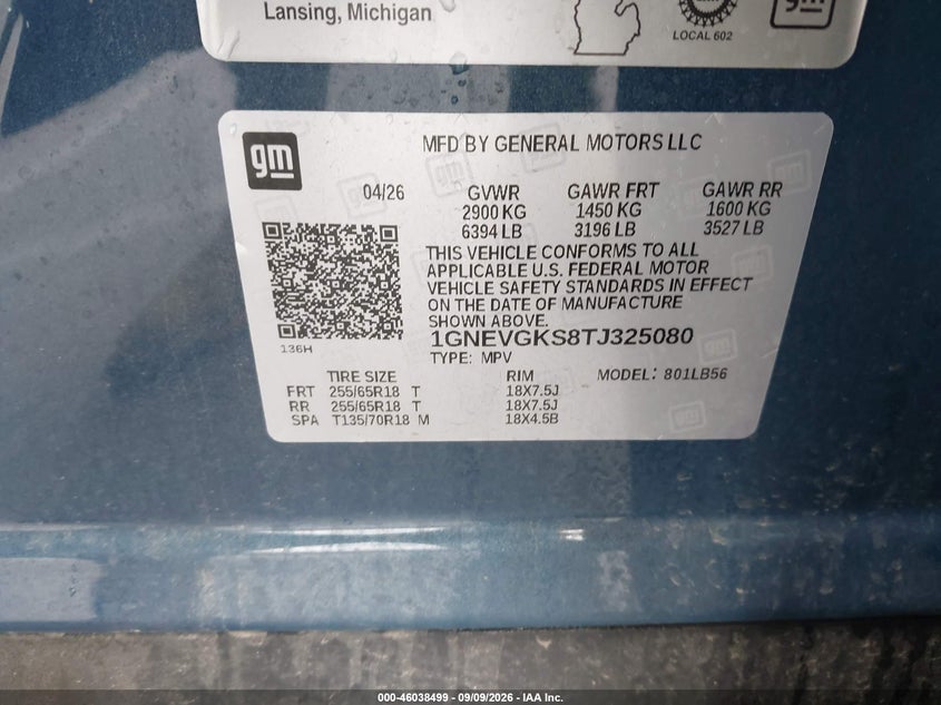 CHEVROLET TRAVERSE 2026 VIN 1GNEVGKS8TJ325080