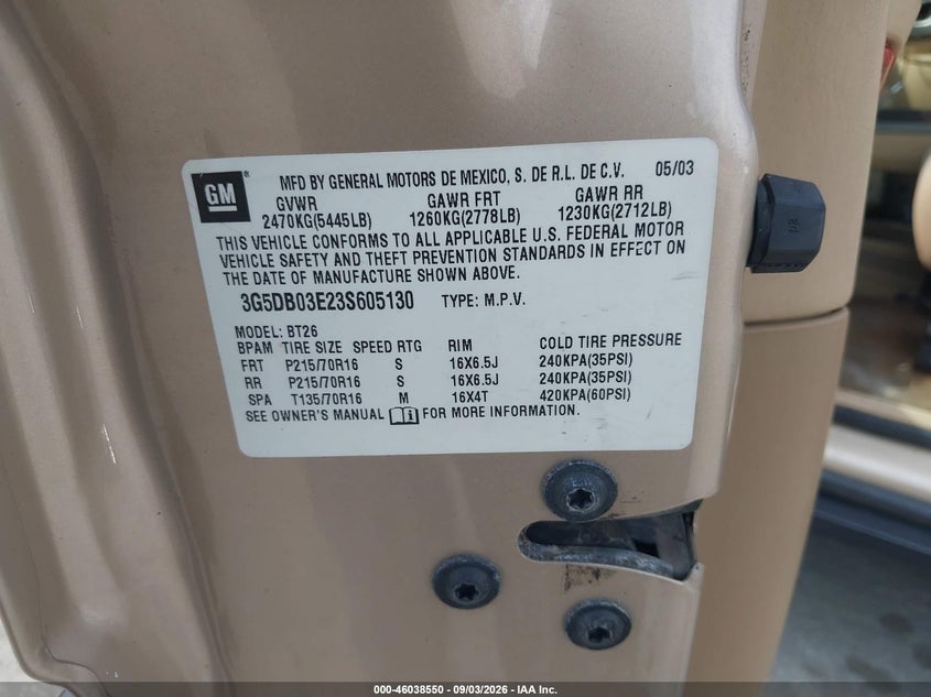 BUICK RENDEZVOUS 2003 VIN 3G5DB03E23S605130