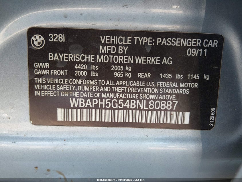 BMW 328I 2011 VIN WBAPH5G54BNL80887