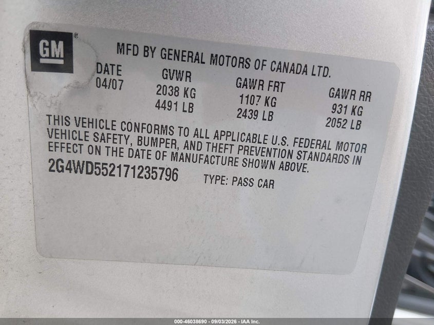 BUICK LACROSSE 2007 VIN 2G4WD552171235796