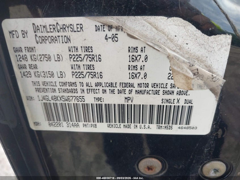 JEEP LIBERTY 2005 VIN 1J4GL48KX5W677655