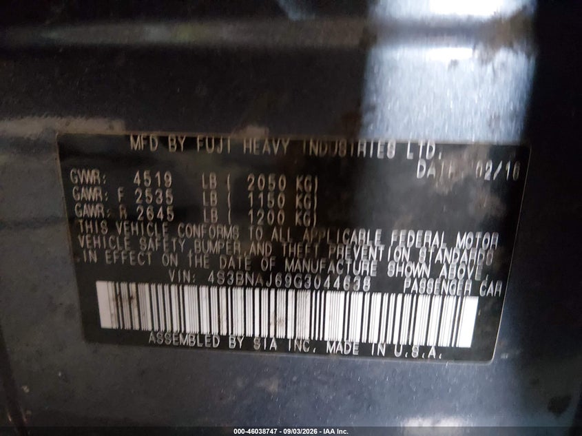 SUBARU LEGACY 2016 VIN 4S3BNAJ69G3044638