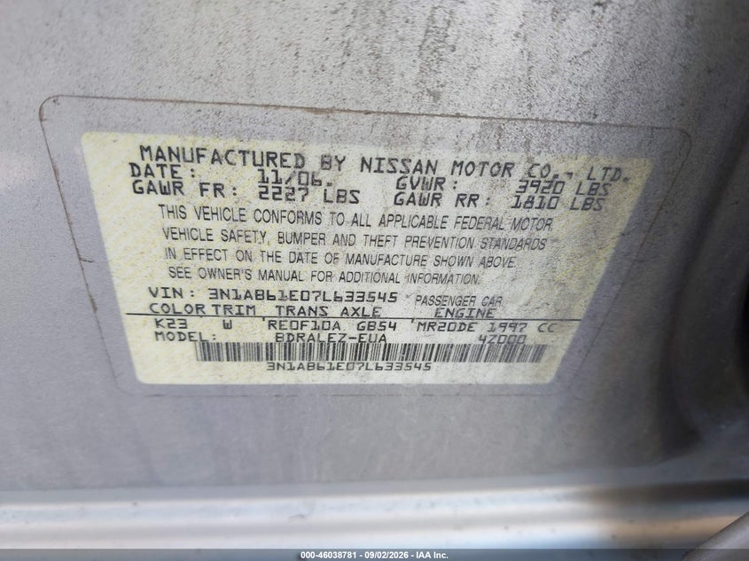 NISSAN SENTRA 2007 VIN 3N1AB61E07L633545