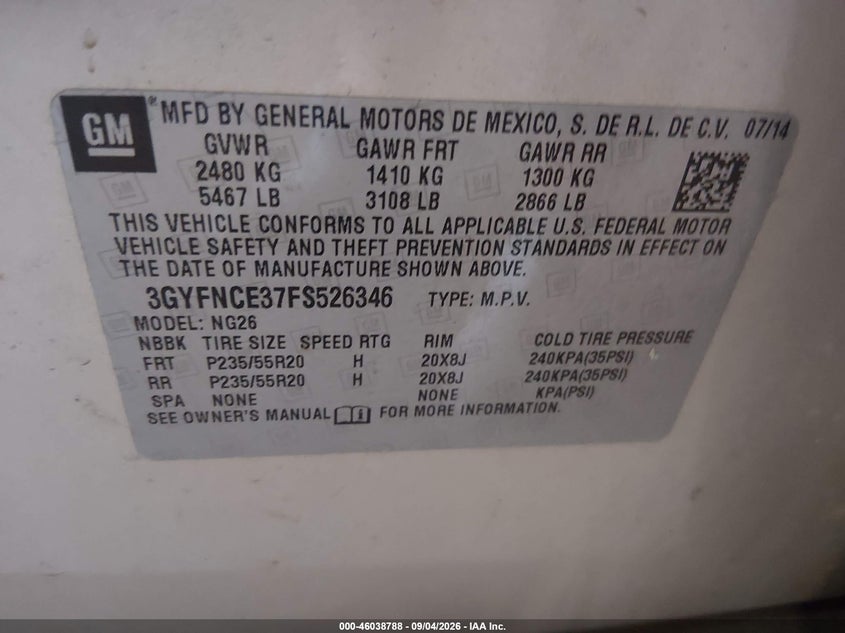 CADILLAC SRX 2015 VIN 3GYFNCE37FS526346