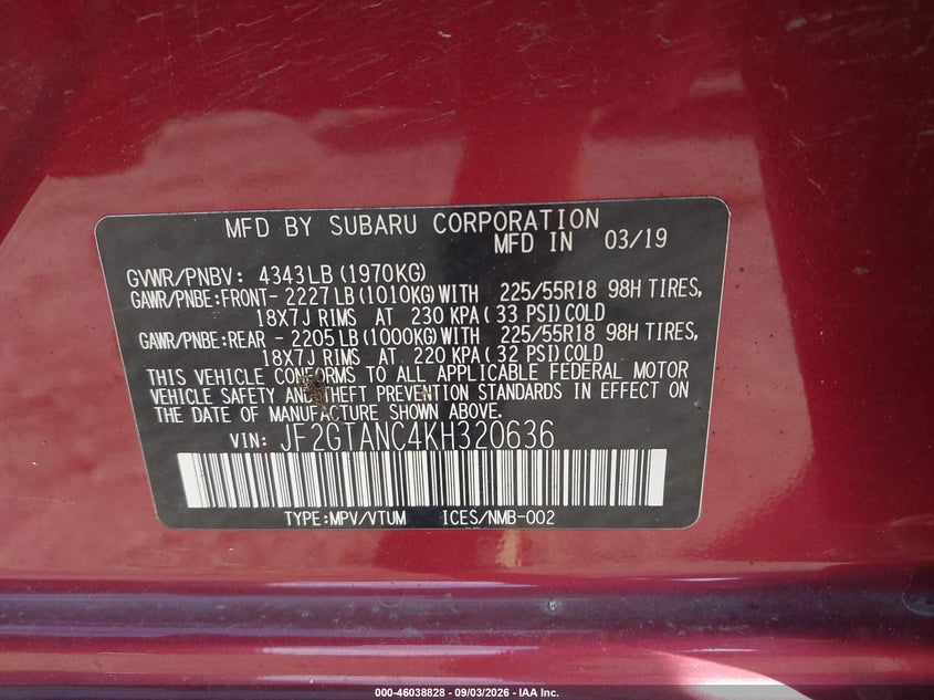2019 SUBARU XV SPORT UTILITY VEHICLE 2.0L H-4 DI, DOHC, VVT, REGULAR , 152HP