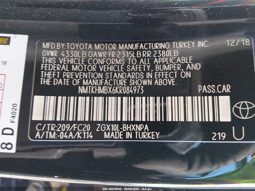 TOYOTA C-HR 2019 VIN NMTKHMBX6KR084973