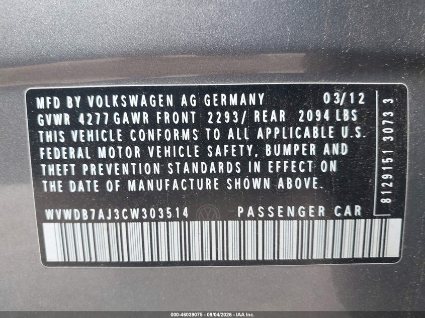 VOLKSWAGEN GOLF 2012 VIN WVWDB7AJ3CW303514