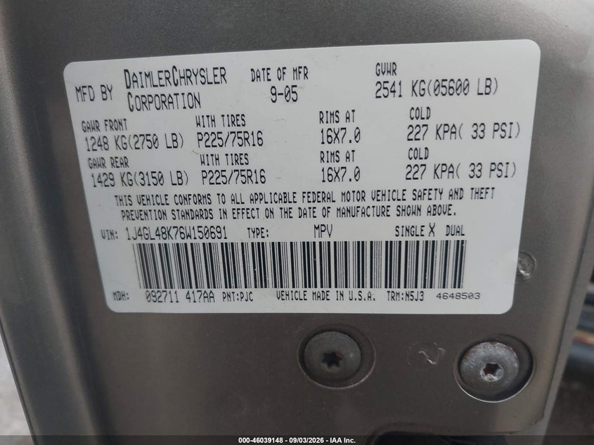 JEEP LIBERTY 2006 VIN 1J4GL48K76W150691