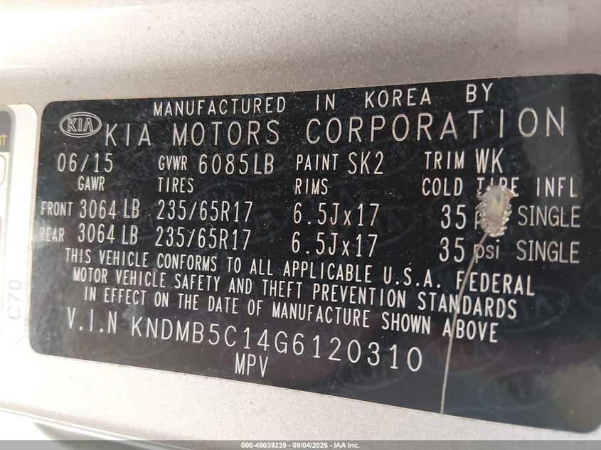 2016 KIA SEDONA auction photo 8