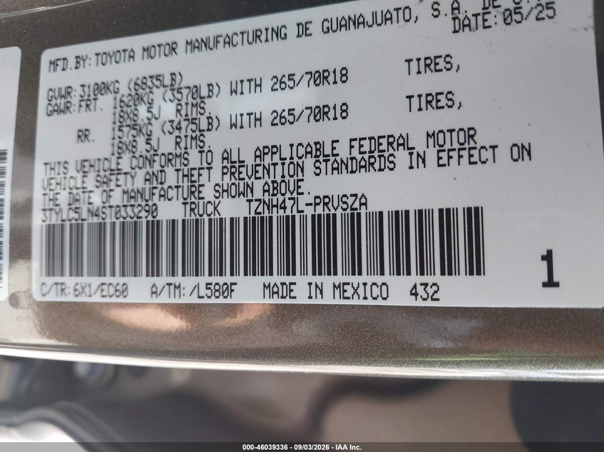 TOYOTA TACOMA HYBRID 2025 VIN 3TYLC5LN4ST033290