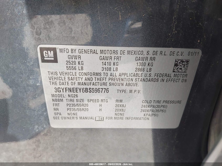 CADILLAC SRX 2011 VIN 3GYFNEEY6BS596776