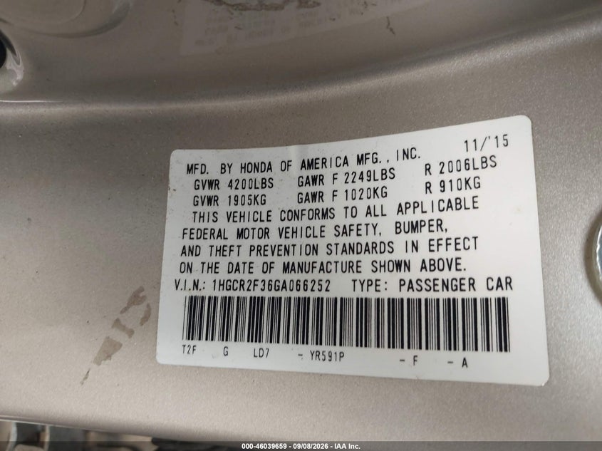 HONDA ACCORD 2016 VIN 1HGCR2F36GA066252