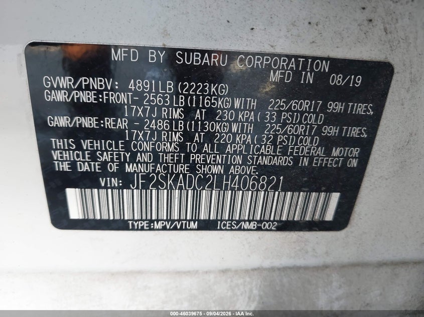 SUBARU FORESTER 2020 VIN JF2SKADC2LH406821