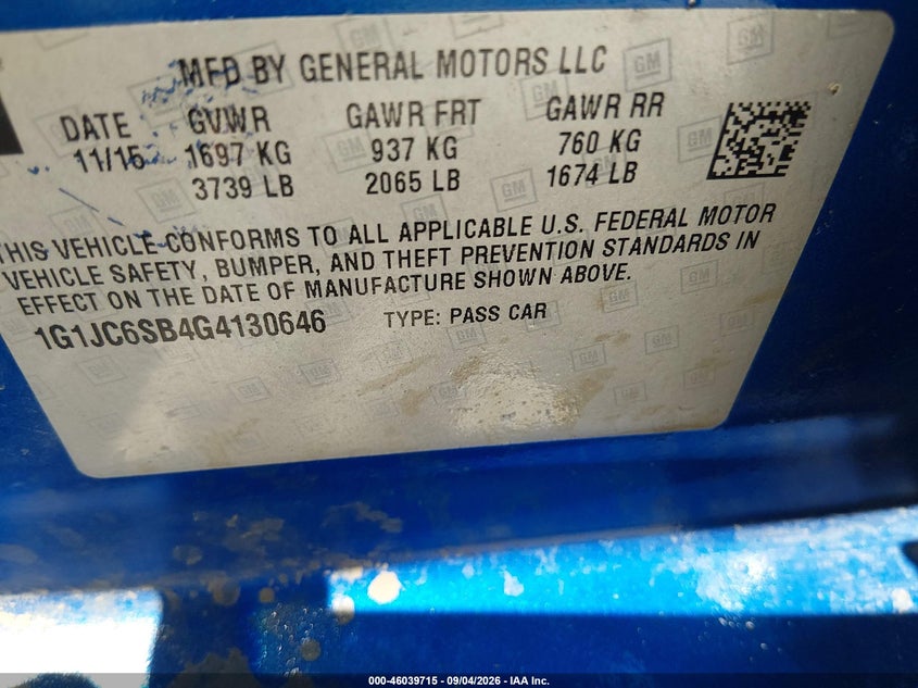 CHEVROLET SONIC 2016 VIN 1G1JC6SB4G4130646