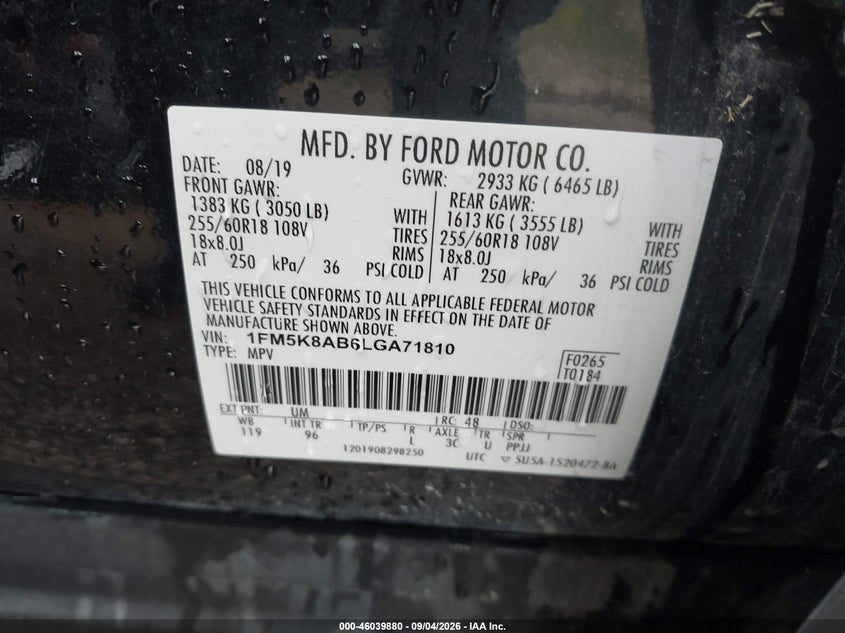 FORD POLICE INTERCEPTOR UTILITY 2020 VIN 1FM5K8AB6LGA71810