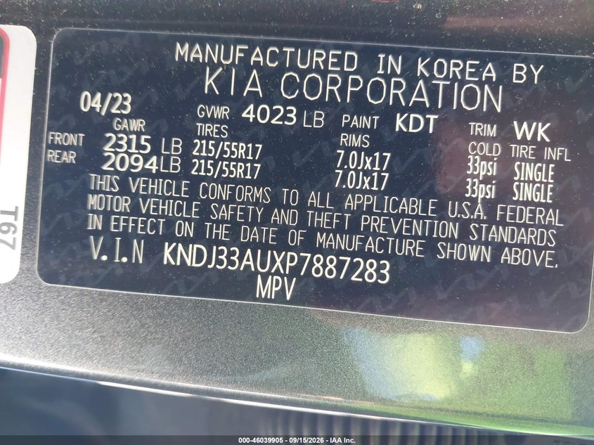 KIA SOUL 2023 VIN KNDJ33AUXP7887283