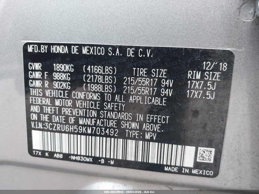 HONDA HR-V 2019 VIN 3CZRU6H59KM703492