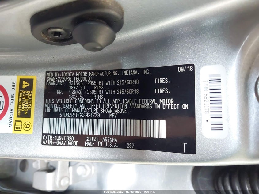 TOYOTA HIGHLANDER 2019 VIN 5TDBZRFH6KS924779