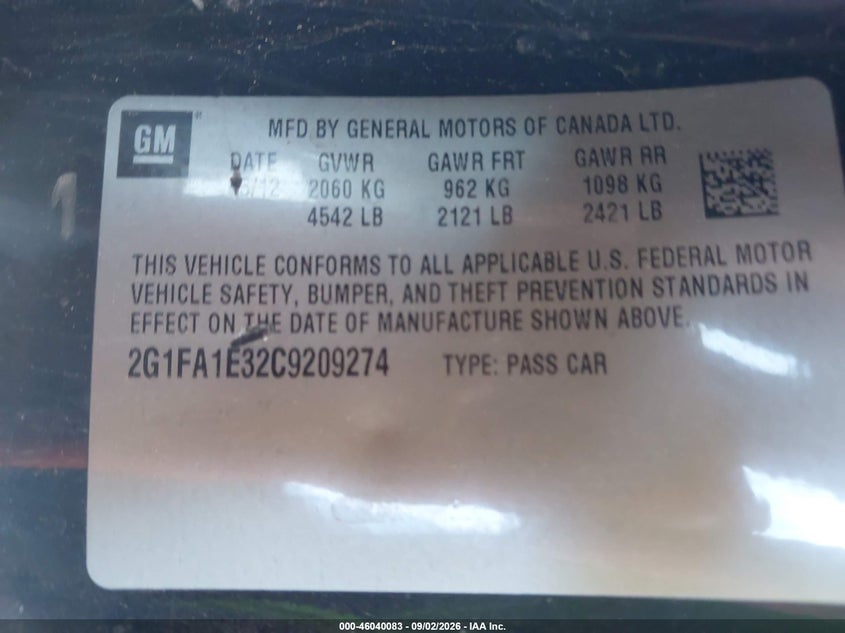 CHEVROLET CAMARO 2012 VIN 2G1FA1E32C9209274