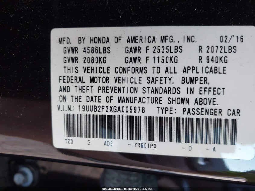 ACURA TLX 2016 VIN 19UUB2F3XGA005978