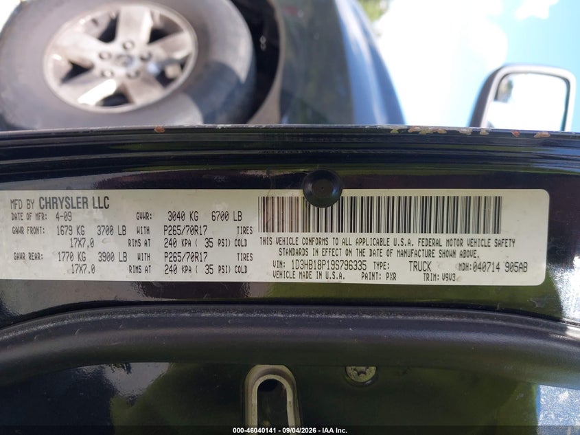 DODGE RAM 1500 2009 VIN 1D3HB18P19S796335