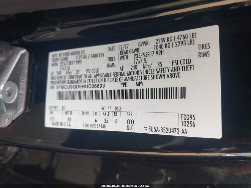 FORD ESCAPE 2017 VIN 1FMCU9GD9HUD06693