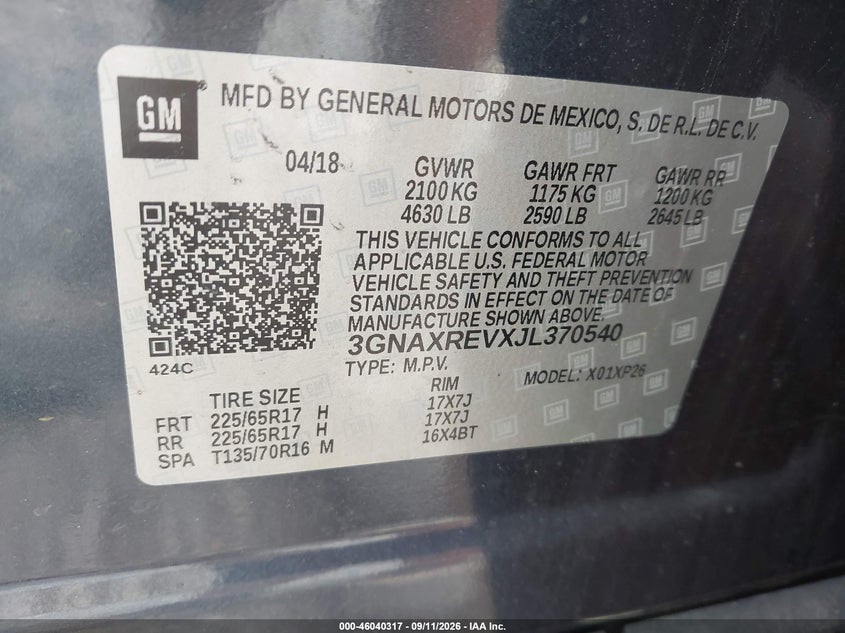 CHEVROLET EQUINOX 2018 VIN 3GNAXREVXJL370540
