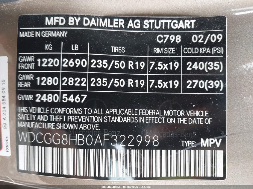 MERCEDES-BENZ GLK 350 2010 VIN WDCGG8HB0AF322998