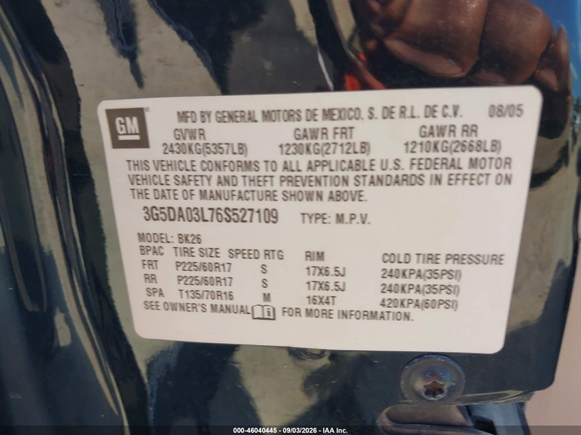 BUICK RENDEZVOUS 2006 VIN 3G5DA03L76S527109
