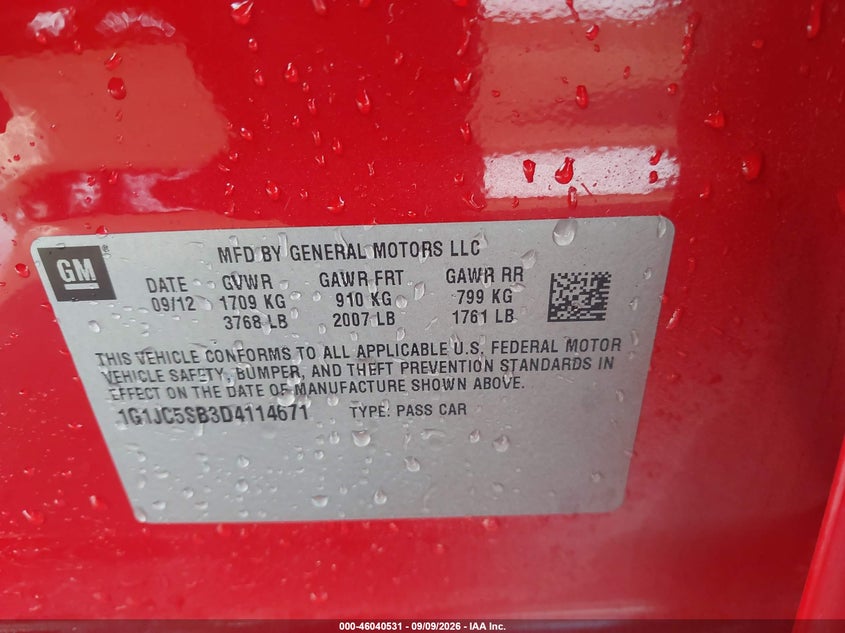CHEVROLET SONIC 2013 VIN 1G1JC5SB3D4114671