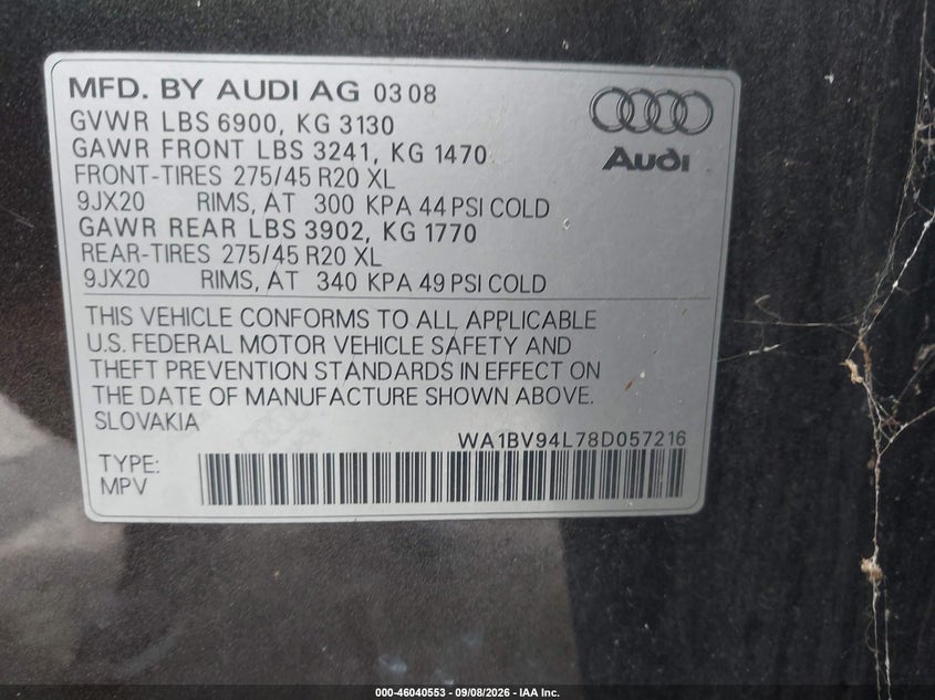 AUDI Q7 2008 VIN WA1BV94L78D057216