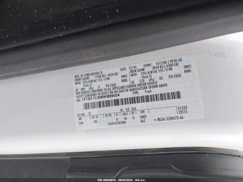 FORD TRANSIT-350 2024 VIN 1FTBF7C89RKB89024