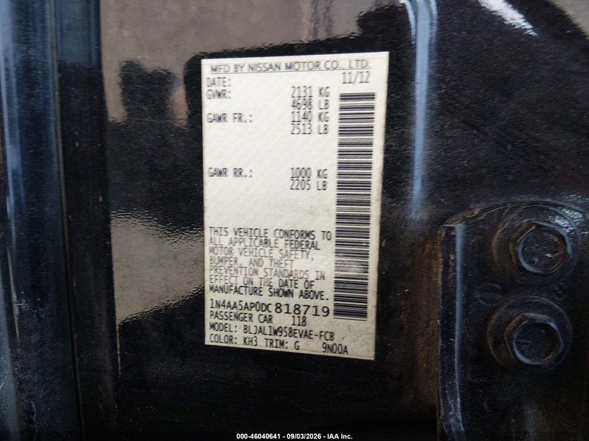 NISSAN MAXIMA 2013 VIN 1N4AA5AP0DC818719