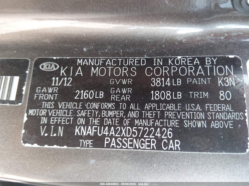 KIA FORTE 2013 VIN KNAFU4A2XD5722426