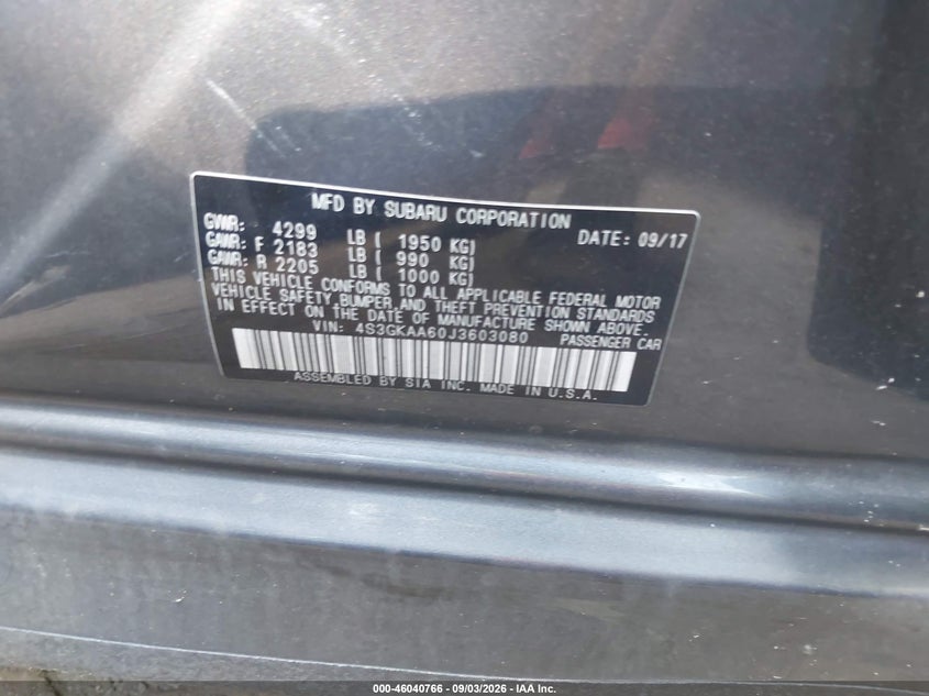 SUBARU IMPREZA 2018 VIN 4S3GKAA60J3603080