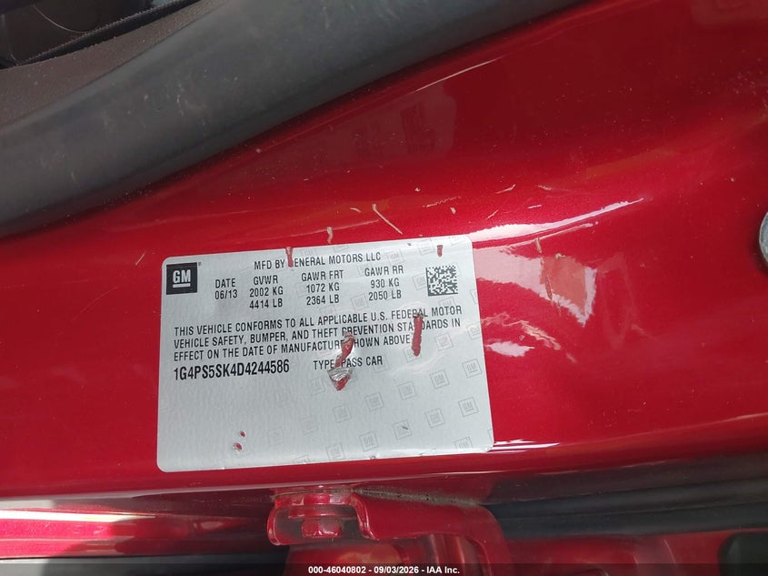 BUICK VERANO 2013 VIN 1G4PS5SK4D4244586