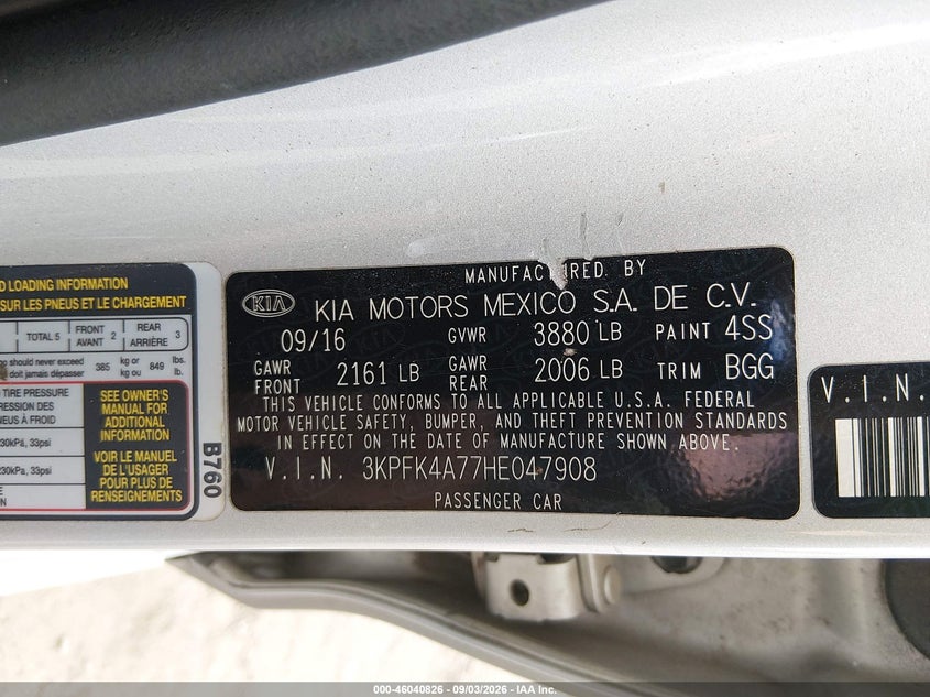 KIA FORTE 2017 VIN 3KPFK4A77HE047908