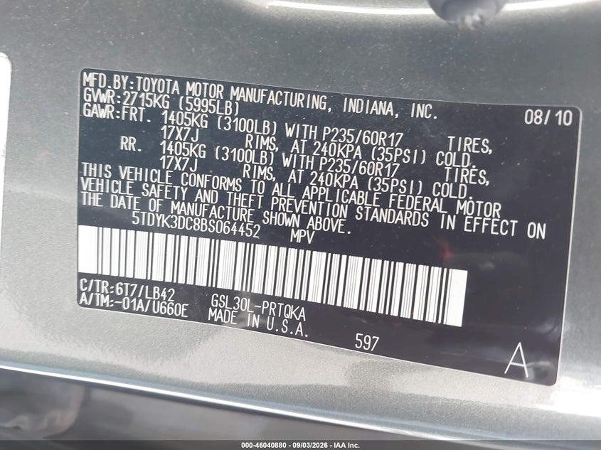 TOYOTA SIENNA 2011 VIN 5TDYK3DC8BS064452