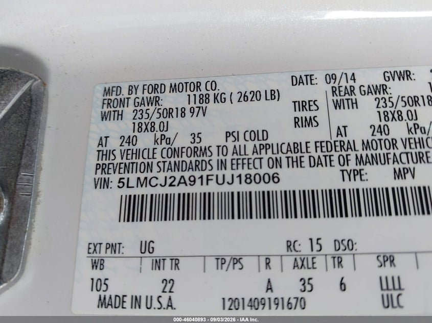 LINCOLN MKC 2015 VIN 5LMCJ2A91FUJ18006