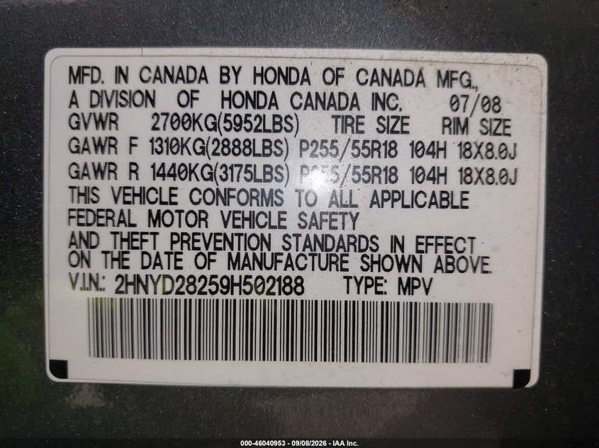 ACURA MDX 2009 VIN 2HNYD28259H502188