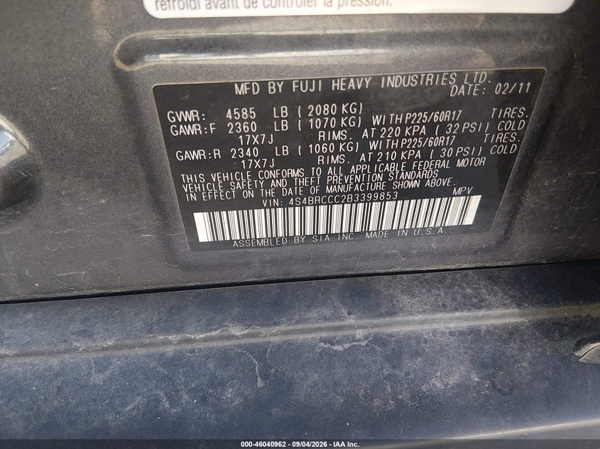 2011 SUBARU OUTBACK SPORT UTILITY VEHICLE 2.5L H-4 VVT, REGULAR , 170HP