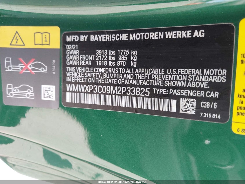 MINI SE HARDTOP 2021 VIN WMWXP3C09M2P33825