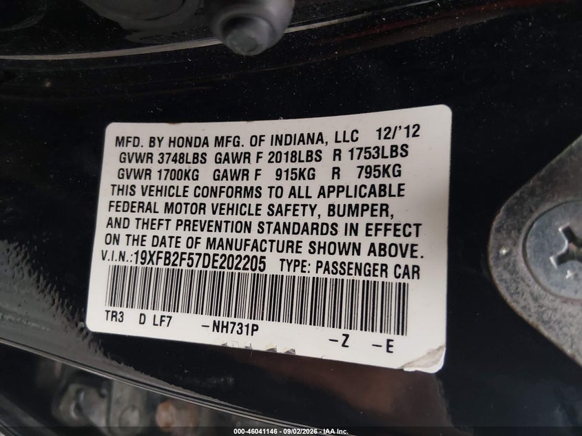 2013 HONDA CIVIC SEDAN 1.8L I-4 VVT, REGULAR , 140HP