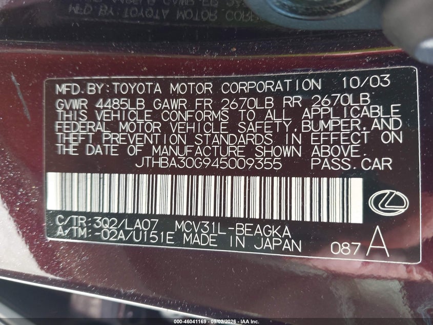 LEXUS ES 330 2004 VIN JTHBA30G945009355