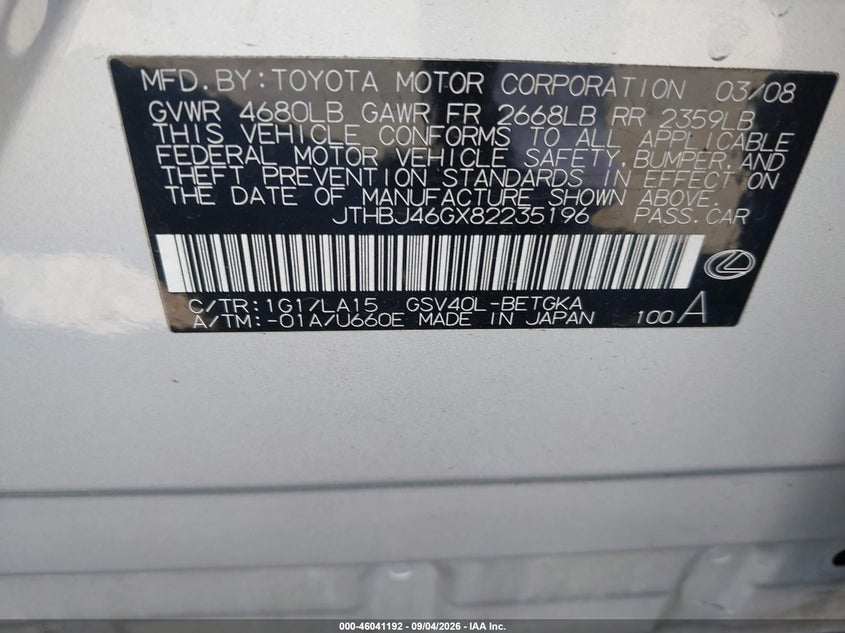 LEXUS ES 350 2008 VIN JTHBJ46GX82235196